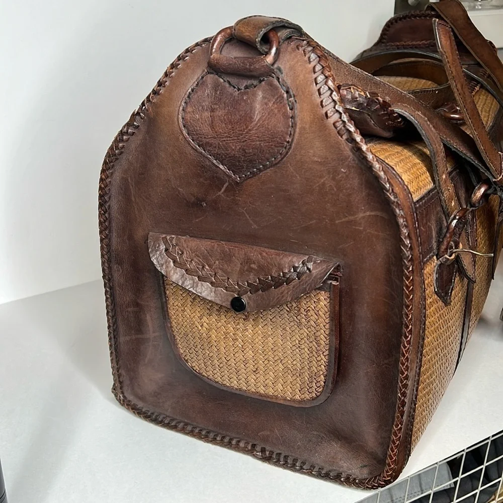 Leather Tightly Woven Wicker Extra Large Double Handle Shoulder Strap Travel Bag